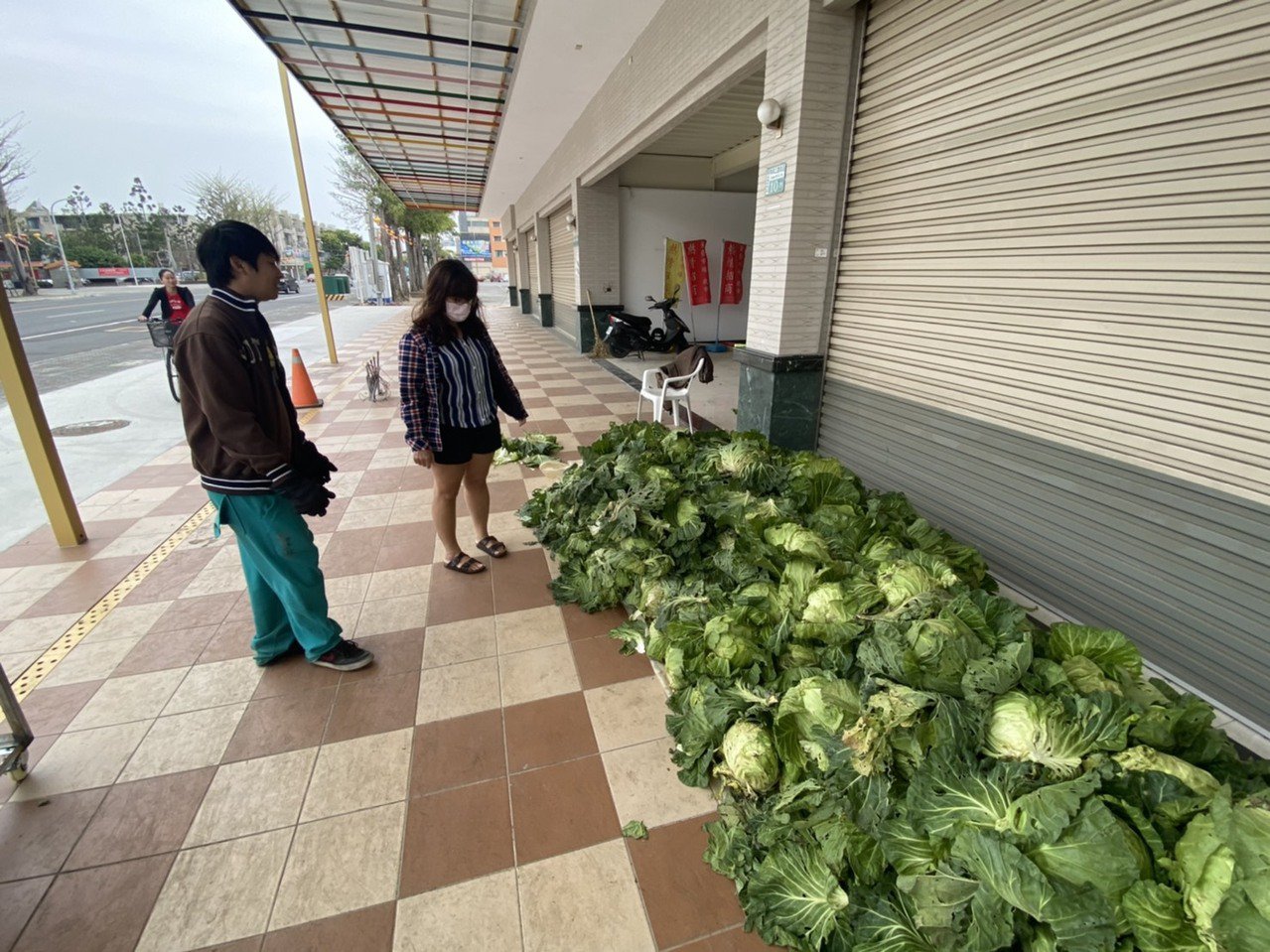 嘉義縣治太保市侯姓菜農兒子下午擺攤賣高麗菜，每顆15元，10顆百元， 吸引許多民眾捧場。記者魯永明／攝影