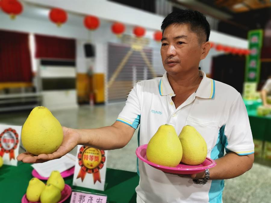 郭彥宏說，買柚子時可以選屁股大大、果型呈三角形的，皮較薄、果肉較均勻。（劉秀芬攝）