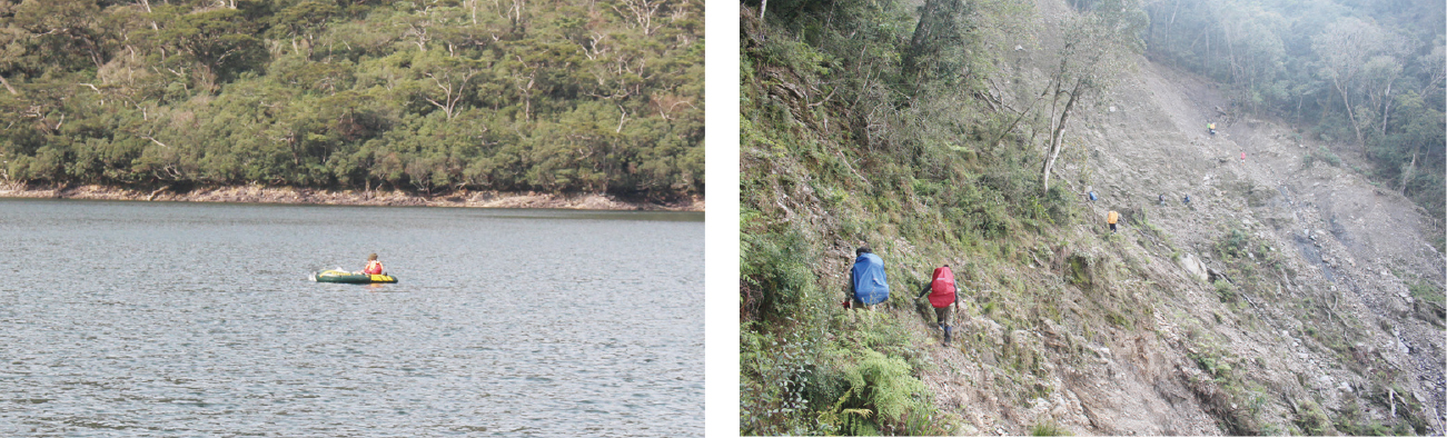 研究人員利用聲納儀器測量大鬼湖水深 (左圖) / 研究人員翻山越嶺前往倫元山登山口-大樹洞營地(右圖)