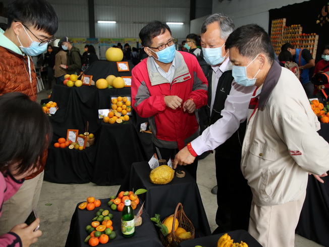 Lin Chang-Li (second from right), Deputy Director of the Soil and Water Conservation Bureau, and Lee Tan-Cha (first from right), Professor of the NCYU Department of Horticultural Science, visited the citrus display.