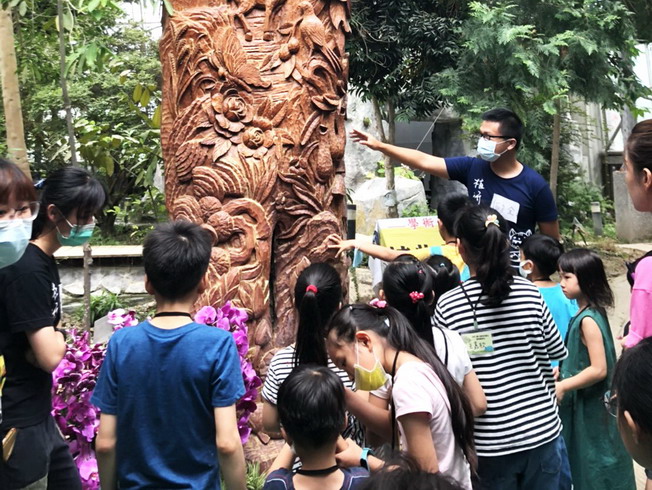 植物研習社引導學生觀察嘉大植物園中檜木柱上面的動植物。