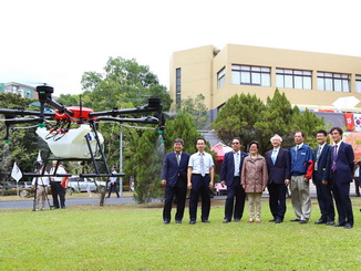 A flight demonstration of six-rotor drones installed with agricultural plant protection machines developed by National Chiayi University.